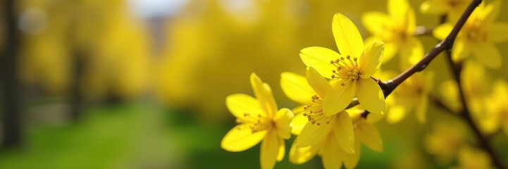 Obraz premium Close-up of vibrant Forsythia bush blooming with yellow flowers in spring, with blurred background for copy space, selective focus, nature