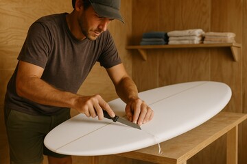 Craftsman Shaping a Surfboard in a Wood-Finished Workshop