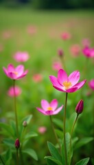 Fototapeta premium Closeup of vibrant lotus corniculatus flowers blooming in a picturesque meadow, vibrant, closeup