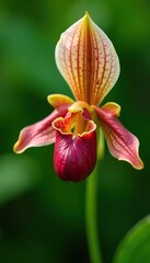 Closeup of vibrant Lycaste macrophylla orchid flower on a blurred green background,  elegant,  tropical
