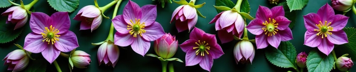 Collection of purple and green hellebore flowers and buds in various positions, top view winter Christmas design elements,  flowers,  floral