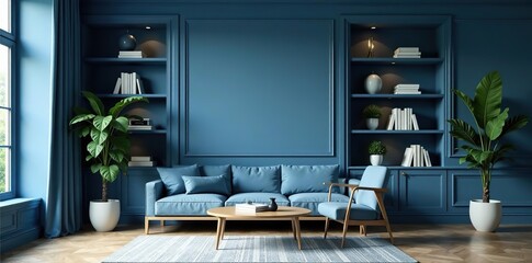 Close-up of beautiful blue modern home office wall shelving, creating a steady, composed, luxurious, and classic cozy interior living room backdrop for virtual meetings,  living room,  zoom background