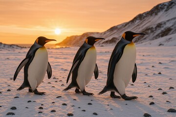 Obraz premium Three Emperor Penguins Walking in Snow at Sunset