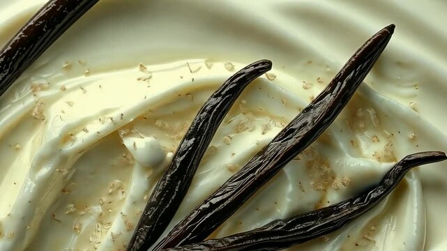 Creamy vanilla dessert with delicate specks of flavor and elegant vanilla beans arranged artistically on the surface