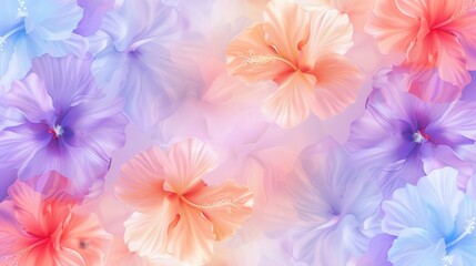 Fototapeta premium The image displays a soft, dreamy arrangement of hibiscus-like flowers in pastel shades of pink, purple, orange and blue, creating a floral watercolor effect.