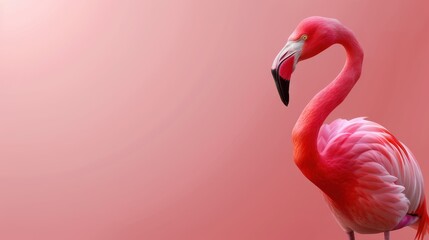 Fototapeta premium Elegant pink flamingo, a vibrant bird standing gracefully on soft pink surface in minimalist setting