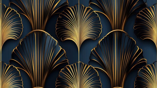 Fototapeta Dark navy gold art deco fan pattern