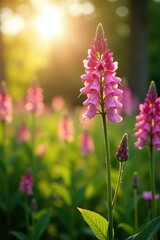 Obraz premium Comfrey pink flowers blooming in a sunlit garden with Symphytum officinale plants in a spring meadow background, flowering plants, summer