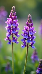 Obraz premium Closeup of vibrant Purple Larkspur flowers in a meadow with soft blurred background, botanical, vibrant
