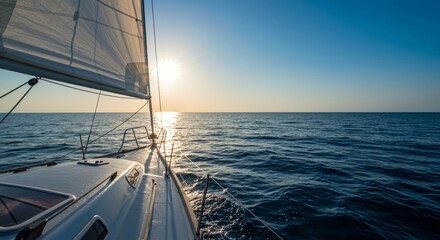 Obraz premium Sailing boat gliding across the ocean at sunset 