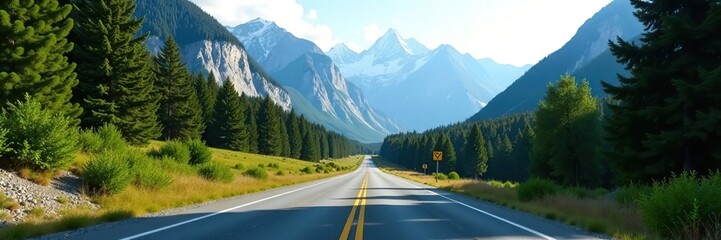 Fototapeta premium Empty road stretching into the mountains with tall trees lining the sides, peaceful, calmness