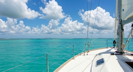 Obraz premium Sailboat sailing on turquoise waters under a bright blue sky 