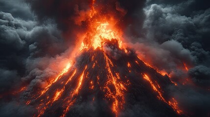 A powerful volcanic eruption with dark smoky clouds and fire