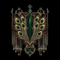 An Art Deco peacock logo with gold filigree feathers, emerald green accents, symmetrical geometric patterns, black background, 1920s Gatsby-era elegance - © Hassan Ahmad Kundi