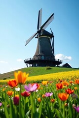 A picturesque windmill standing tall in a field of vibrant spring flowers under a clear blue sky,  nature,  outdoors