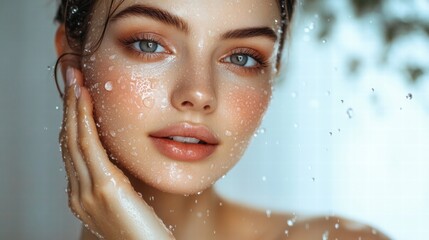 Naklejka premium Young woman fingers press the spray mist to spray out skin care products to replenish water,spray after makeup studio with product for mockup in cosmetics on empty background,hydration and glow.