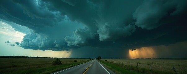 Dark clouds gather ominously overhead as a heavy hailing storm approaches the town near Hale Center Texas in 2015,  power of nature, hail storm