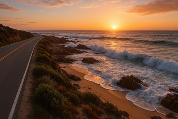 Serene Coastal Sunset Over Wavy Ocean and Scenic Road