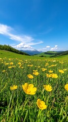 Fototapeta premium a vibrant green meadow dotted with bright yellow wildflowers