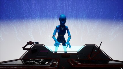 3d illustration of robot working on computer station. Ai cyborg typing on virtual holographic keyboard
