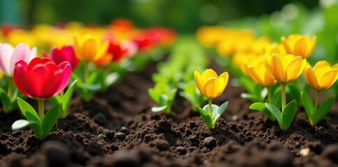 Colorful assortment of flower seedlings placed in rows for planting in a vibrant garden setting, flower seedlings,  horticulture