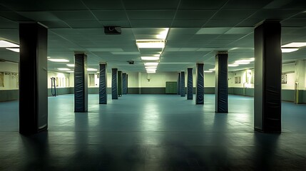 A large empty industrial space features many dark support columns and a polished blue floor under bright ceiling lights.