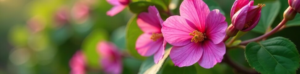 Close-up of vibrant sweet potato blossoms in full bloom on the vine, with delicate pink and purple petals and green leaves in the background, sweet potato,  petals