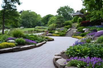 Fototapeta na wymiar Winding brick path leading to gazebo in manicured garden