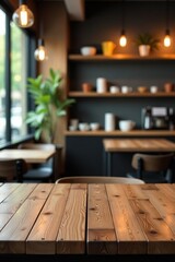 Empty wooden table in front of abstract blurred background of coffee shop, perfect for product display and montage,  montage,  mock up