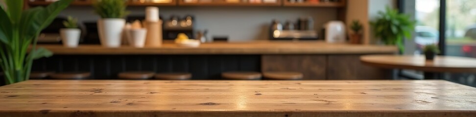 Empty wooden table top with blurred cafe background, perfect for showcasing food and beverage products in a restaurant or cafe setting,  gastronomy concept,  copy space