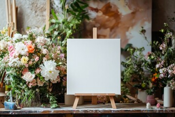 A white blank card on an easel is surrounded by beautiful flowers in orange, pink, and blue tones.