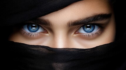 Naklejka premium Close-up of captivating eyes beneath a black veil. Intense gaze, dramatic makeup, and striking blue eyes peek through a dark cloth
