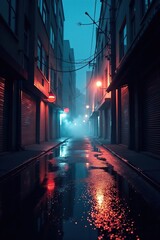 Dark urban alley with neon reflections on wet asphalt, smoke filling the empty space, creating an abstract and mysterious scene,  neon light,  show