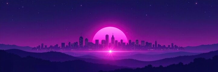 Fototapeta premium Dark violet skyline graphic design with luminous shining light glare and lens flare on horizon line, halo wallpaper digital illustration, background, shining