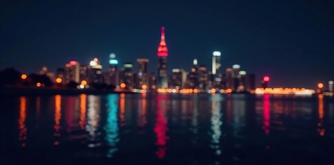 Naklejka premium Colorful bokeh lights of a city skyline against a deep black backdrop, colored, nightlife