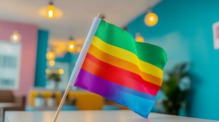 A colorful pride flag stands proudly on a desk in a modern inclusive office space promoting LGBTQ representation and celebrating diversity