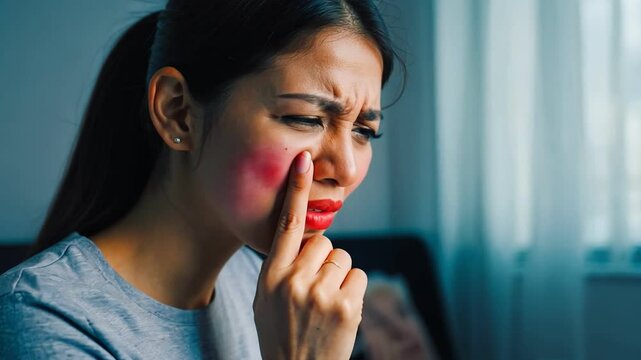 Symptom of Redness: A person touches her red cheek with pain expression, the scene evokes a sense of discomfort and unease, capturing a moment of vulnerability and physical distress.