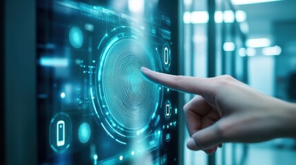 A person using a digital fingerprint scanner to authenticate identity, modern office with digital interface showing fingerprint data and access status, High-tech style