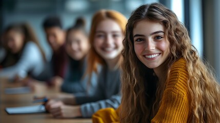 Obraz premium A smiling young woman with long brown curly hair sits at a table with her friends in the background du a class or study session.