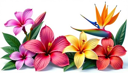 Colorful collection of rare tropical flowers including orchids, bird of paradise, and hibiscus isolated on white background,  bird of paradise,  exotic