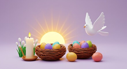 Easter eggs in nests with a dove, a sunrise, and candle, symbolizing new beginnings.