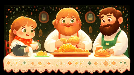 A heartwarming family gathers for a cozy evening meal, sharing freshly baked bread and sweet honey, illuminated by soft, warm light in a whimsical, illustrated style.