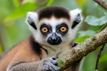 Obraz premium Crowned lemur holding a branch and looking intensely in Madagascar