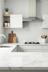 Fototapeta premium Countertop with blurred white home kitchen background, minimalistic, culinary