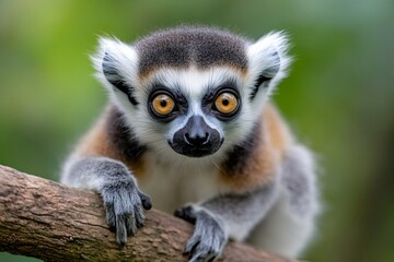 Obraz premium Crowned lemur holding a branch and staring with its big orange eyes