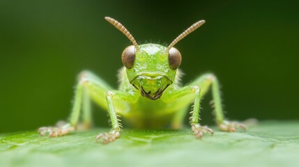 Close-up of a vibrant green grasshopper on a leaf.  Details of its antennae, eyes, and legs are clearly visible