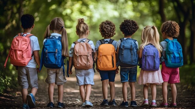 Happy diverse group of children with backpacks walking together on a path in a sunny forest enjoying a school field trip.