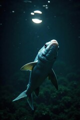 Dussumier's halfbeak swimming in dark water with reflection of moonlight,  elegant,  nocturnal