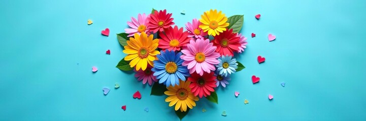 Fototapeta premium Colorful flowers arranged in a heart shape on a vibrant blue background, with small heart decorations scattered among them, arrangement, background