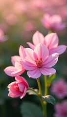 Fototapeta premium Delicate pink flowers in soft focus background with blurred petals and gentle lighting, delicate, soft focus
